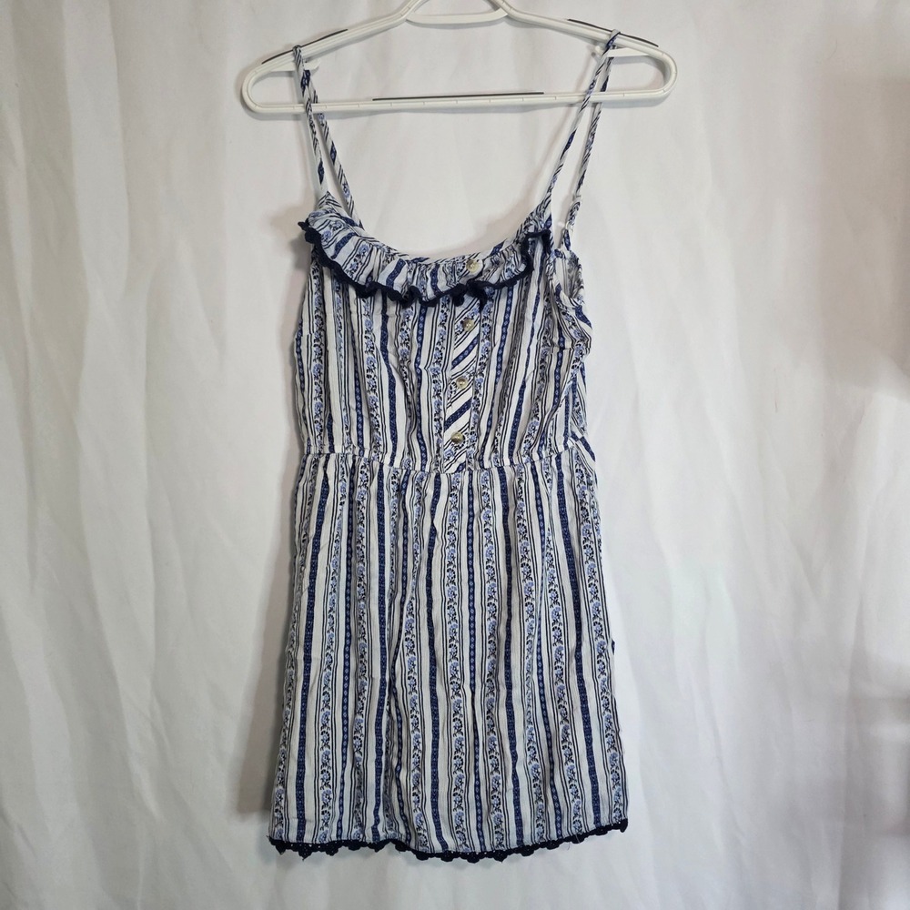 Hint of Blush Asymmetrical Womens Blue White Striped Floral Ruffle Boho Y2K Tank